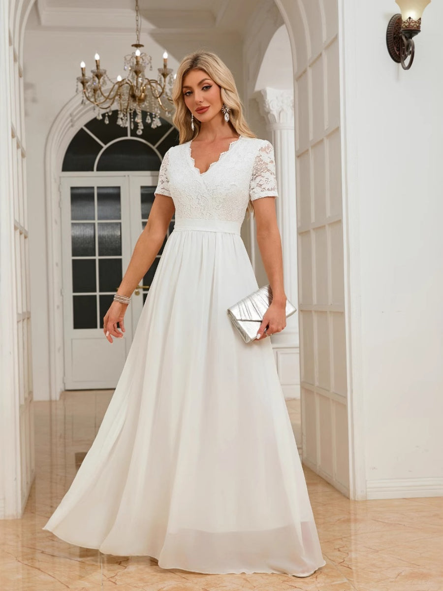 Lace Trim Splicing Chiffon Waist V-neck Maxi Dresses