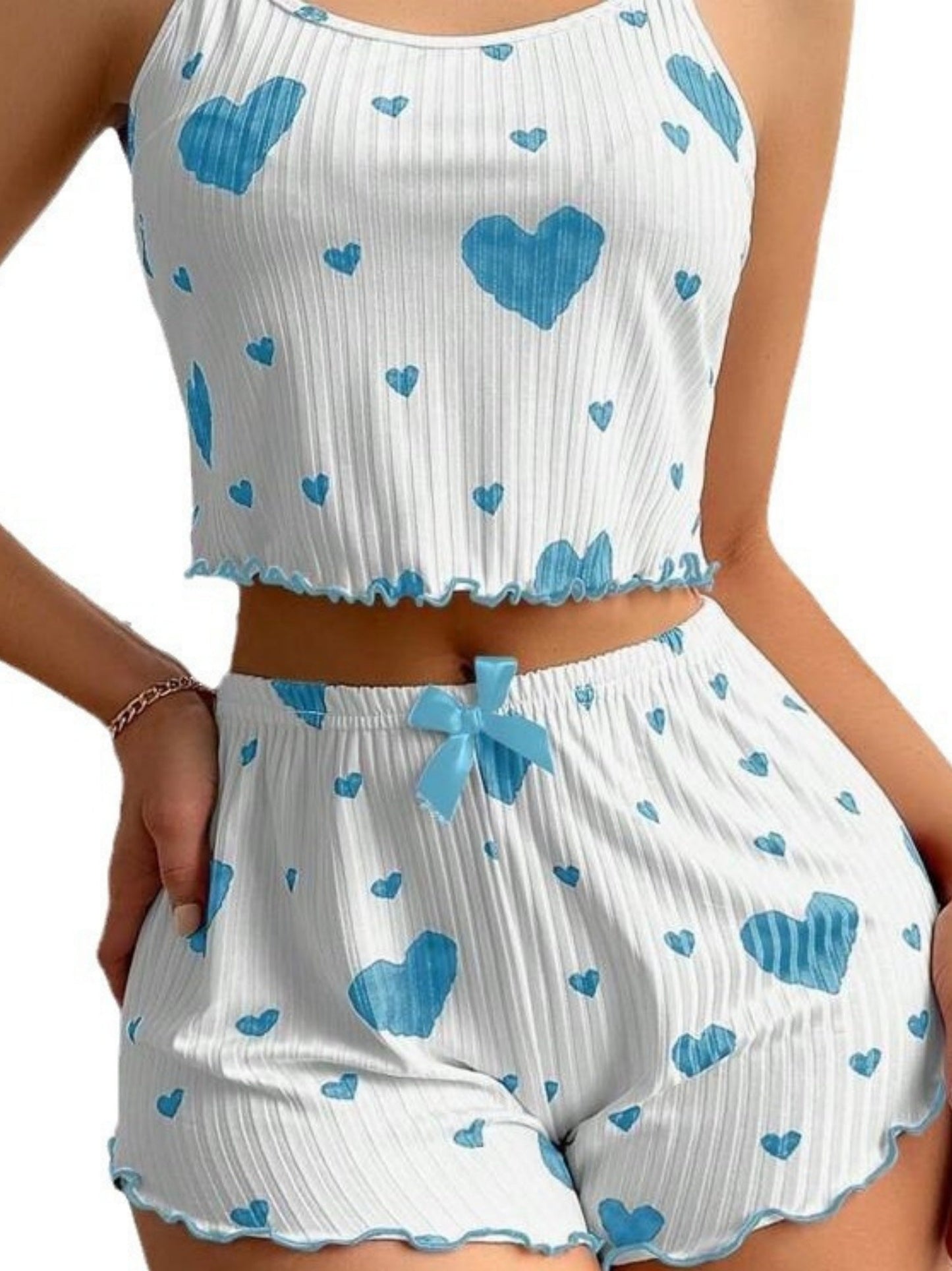 Heart Print Suspender Shorts Pajama Set