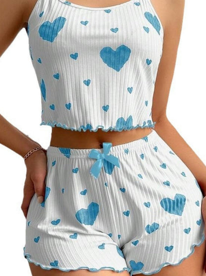Heart Print Suspender Shorts Pajama Set