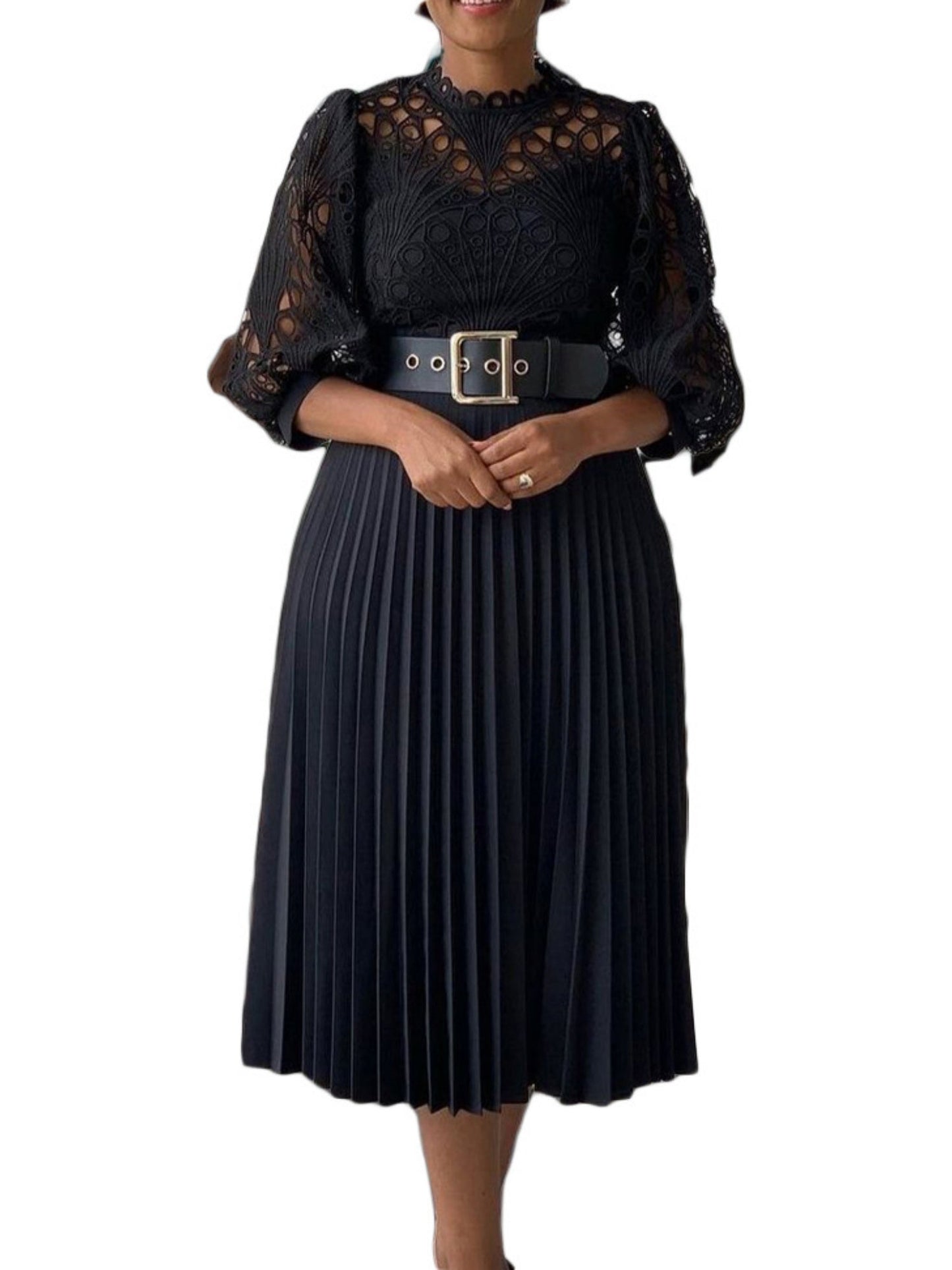 Lace Cutout Lace Patchwork With Belt Long Sleeves Midi Dresses