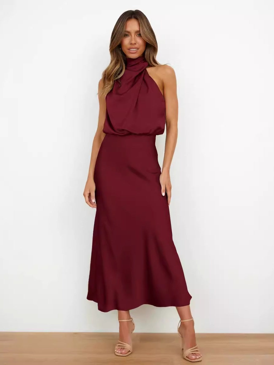 Satin Sleeveless Solid Color Halter Neck Long Dress