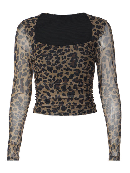 Leopard Print Mesh U-neck Long-sleeved T-shirt