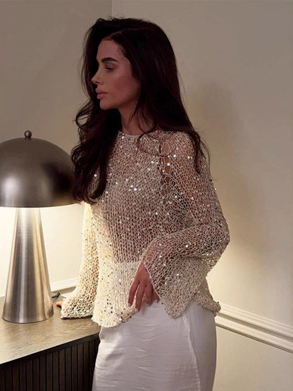 Sequined Cutout Long-sleeved Pullover See-through Top