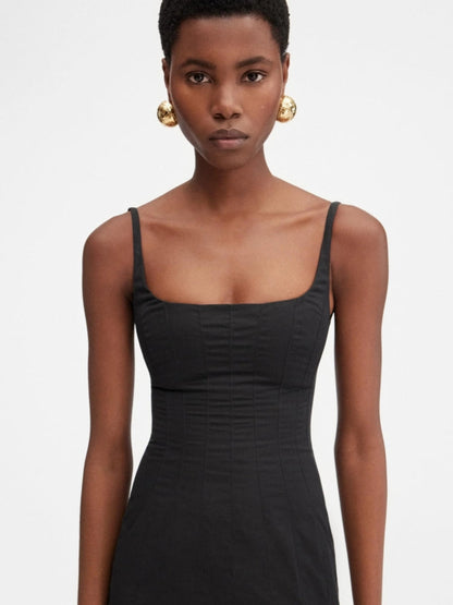 Square Neck Panel Seamed Corset Bodice Pleated Flare Midi Dress