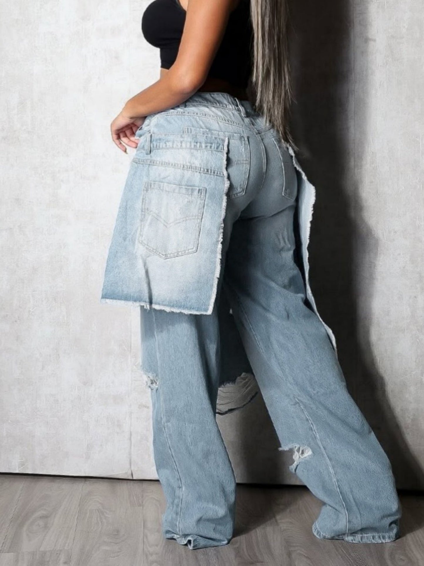 Splicing Hole Distressed Loose-fit Jeans