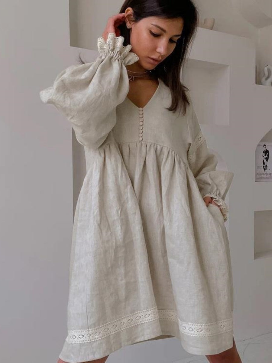 Cotton Blend Temperament V-neck Long Sleeve Loose-fit Home Vacation Mini&Short Dresses