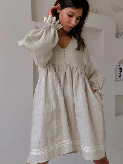Cotton Blend Temperament V-neck Long Sleeve Loose-fit Home Vacation Mini&Short Dresses