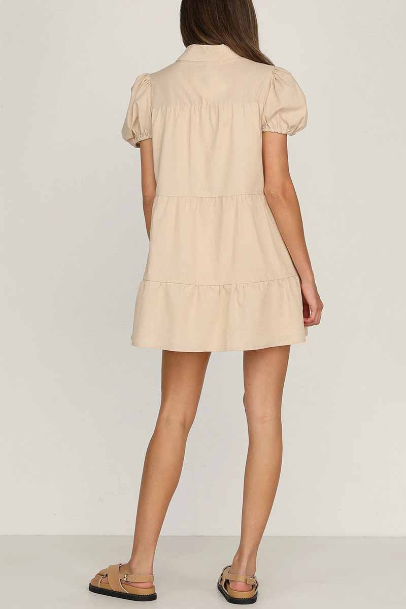 Tiered Puff Sleeve Button-Down Collar Smock Mini Dress