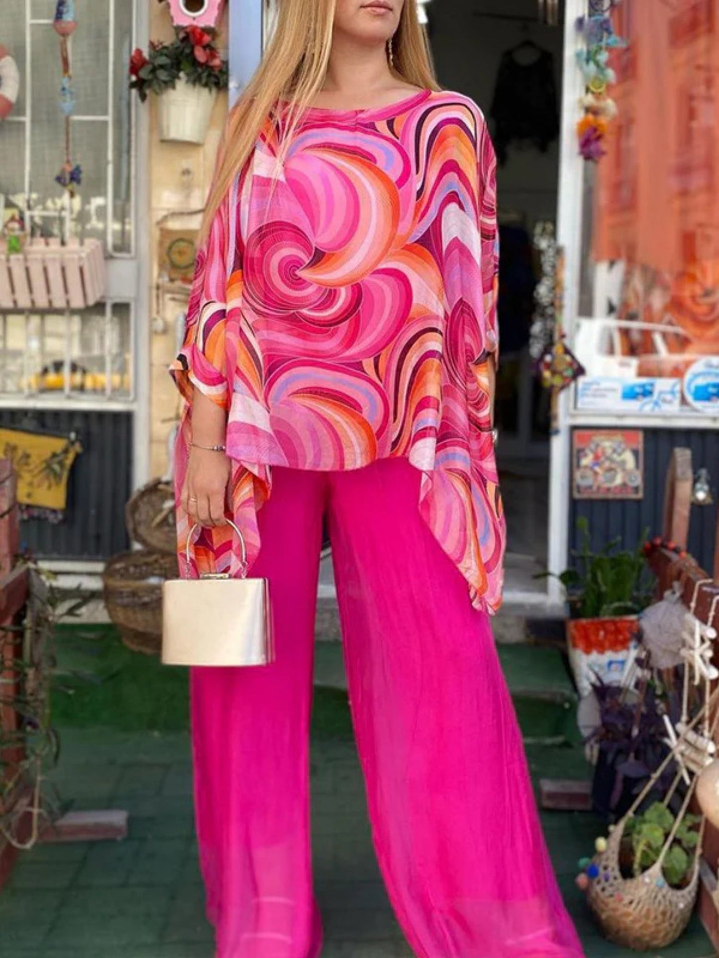 Printed Chiffon Crew Neck Short Sleeve Pants 2-piece Sets
