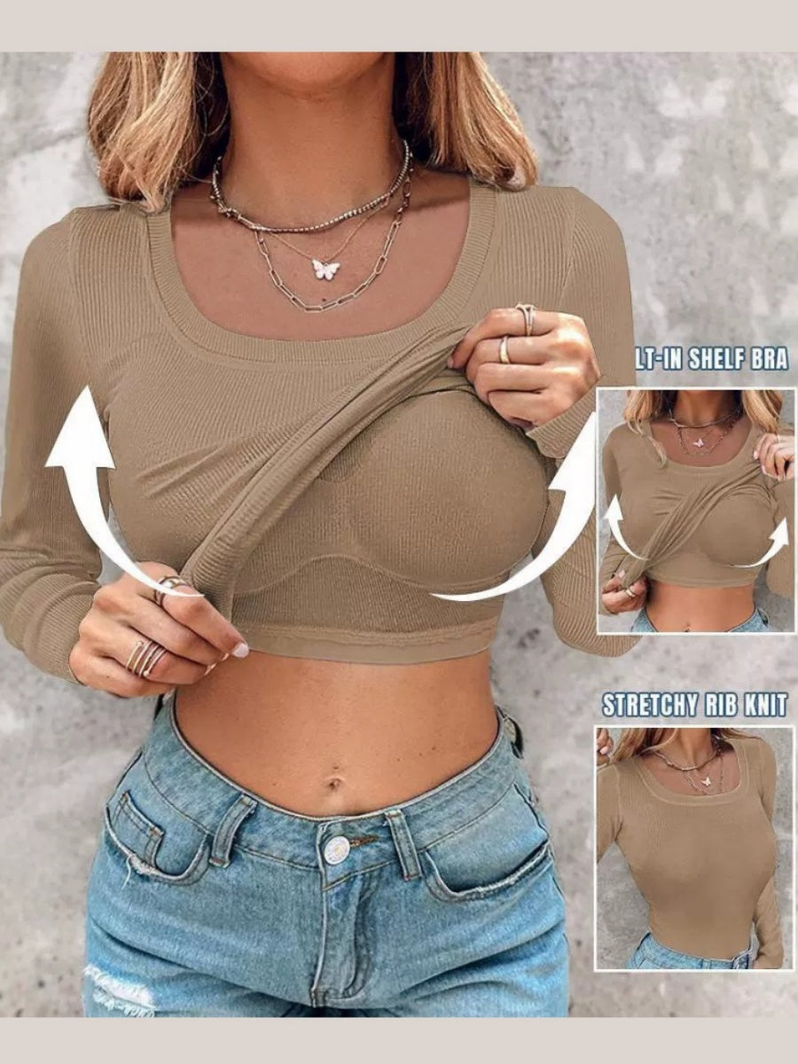 With Bra U-neck Thread Solid Color Long Sleeve T-shirts