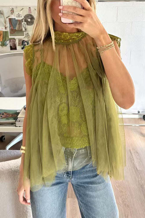 Solid Mockneck Tulle Cover Up Top with Crop Lace Camisole