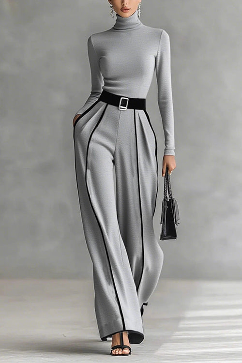 Margovil Turtleneck Long Sleeves Top and Color Block Wide Leg Pants Set