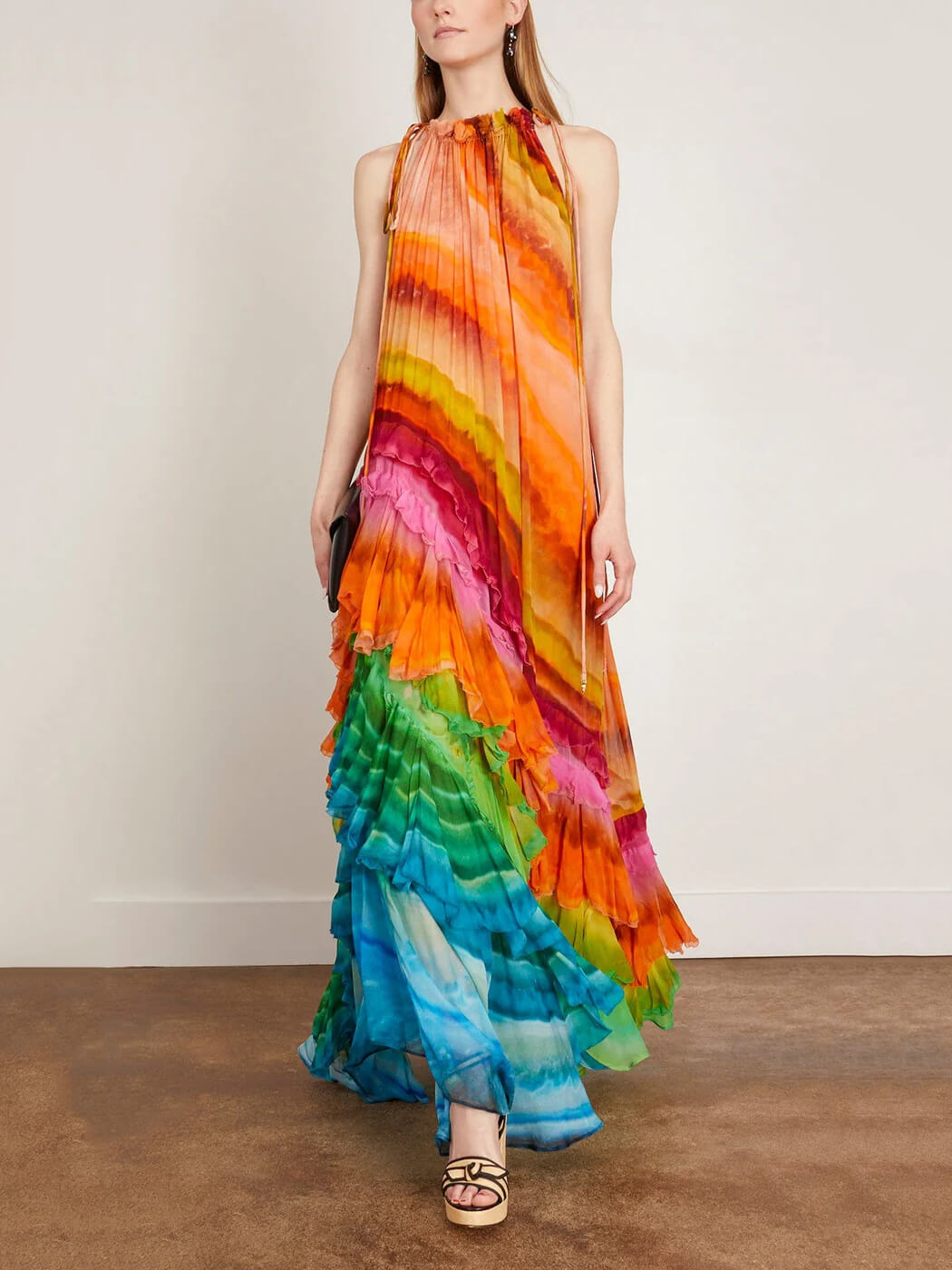 Halter Neck Cascading Tier Ruffle Ombré Print Floor Length Maxi Dress