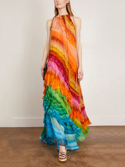Halter Neck Cascading Tier Ruffle Ombré Print Floor Length Maxi Dress