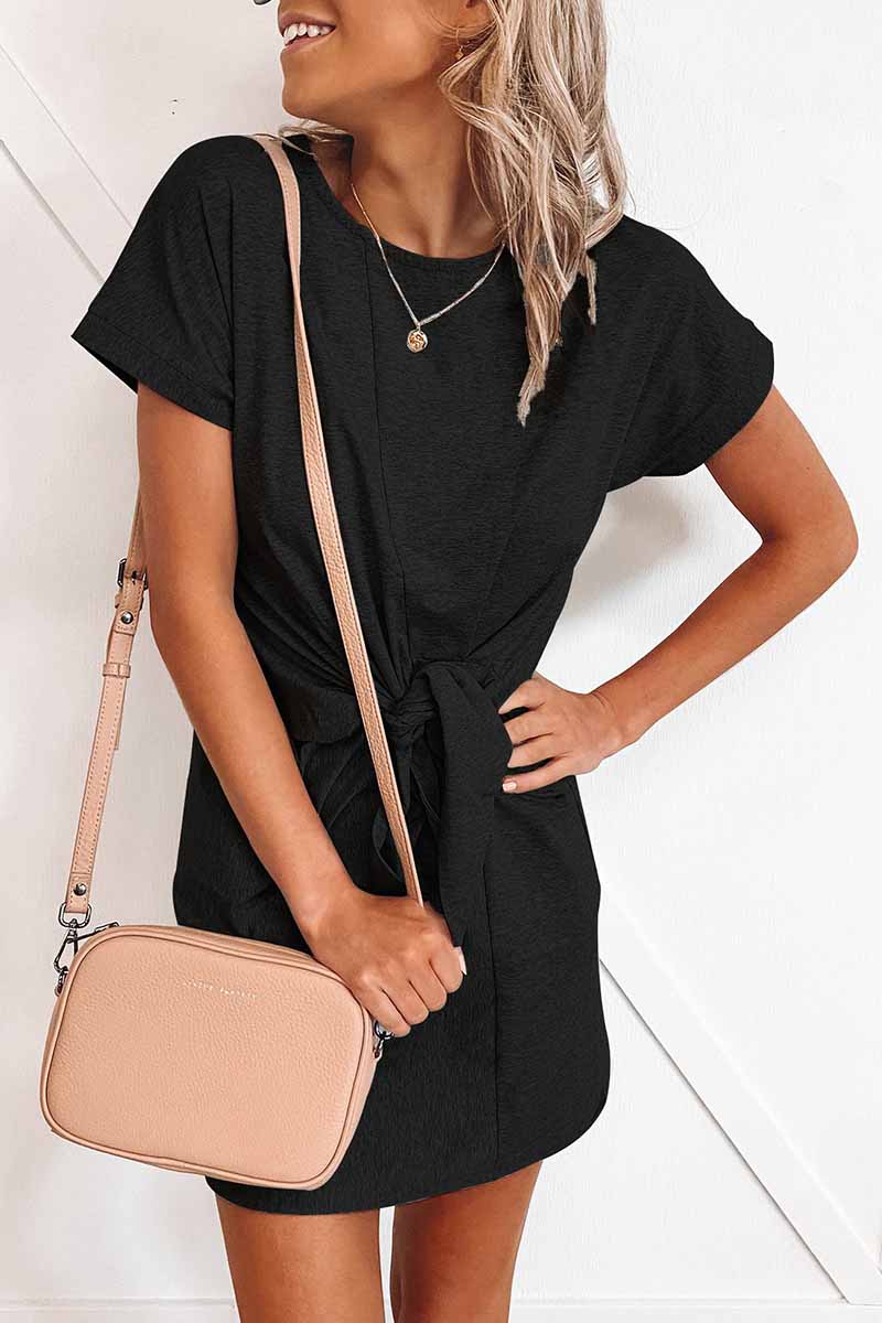 Tie Front Knotted Waist Crew Neck Cuffed Sleeve Jersey Mini Dress