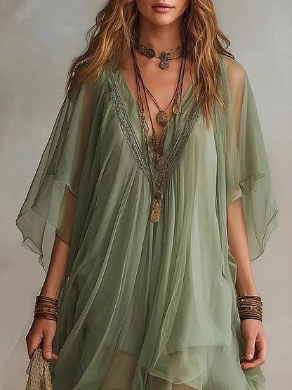 V-neck Chiffon Loose-fit Beach Cover-up Dress Mini&Short Dresses
