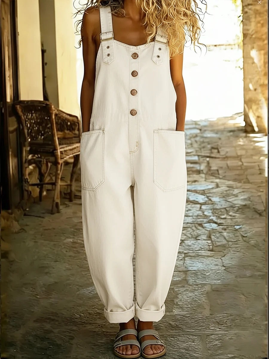 Retro Distressed Loose-fitting Adjustable Buckle Casual Denim Jumpsuit
