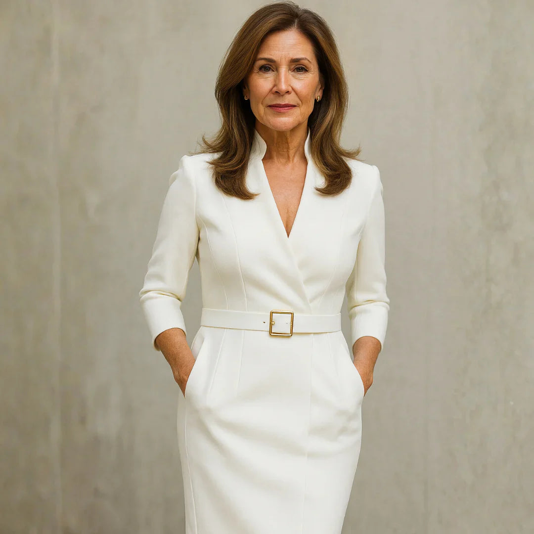 The Eva — Belted Midi Dress with V-Neckline