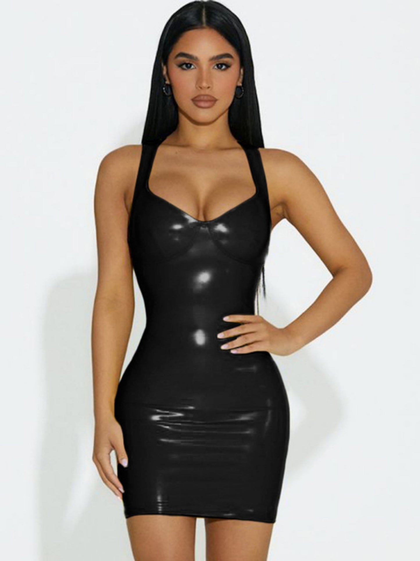 PU Glossy Leather Waist-cinching And Hip-hugging Camisoles Mini&Short Dresses
