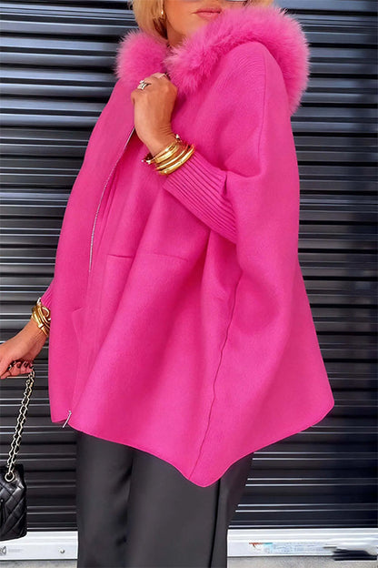 Margovil Dolman Sleeves Zipper Up Pocketed Jacket with Faux Fur Hood