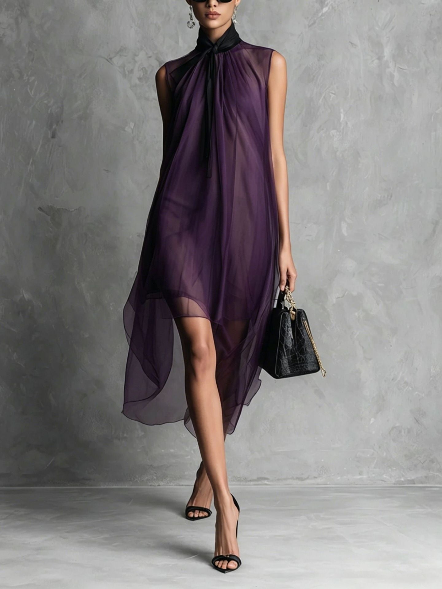 High-neck, Tie-up, Sleeveless Chiffon Dress With Bow Solid Color Irregular Midi Dress