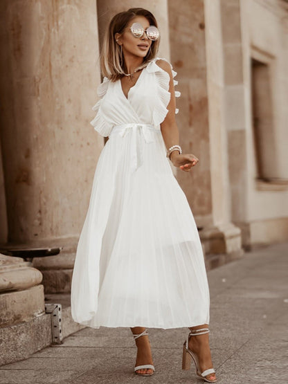 Lotus Leaf Sleeves Bow Chiffon Pleats Vacation Style Maxi Dresses