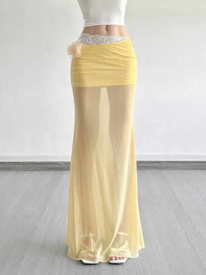 3D Flowers Lace Trim Mesh Splicing Hip Wrap Skirts