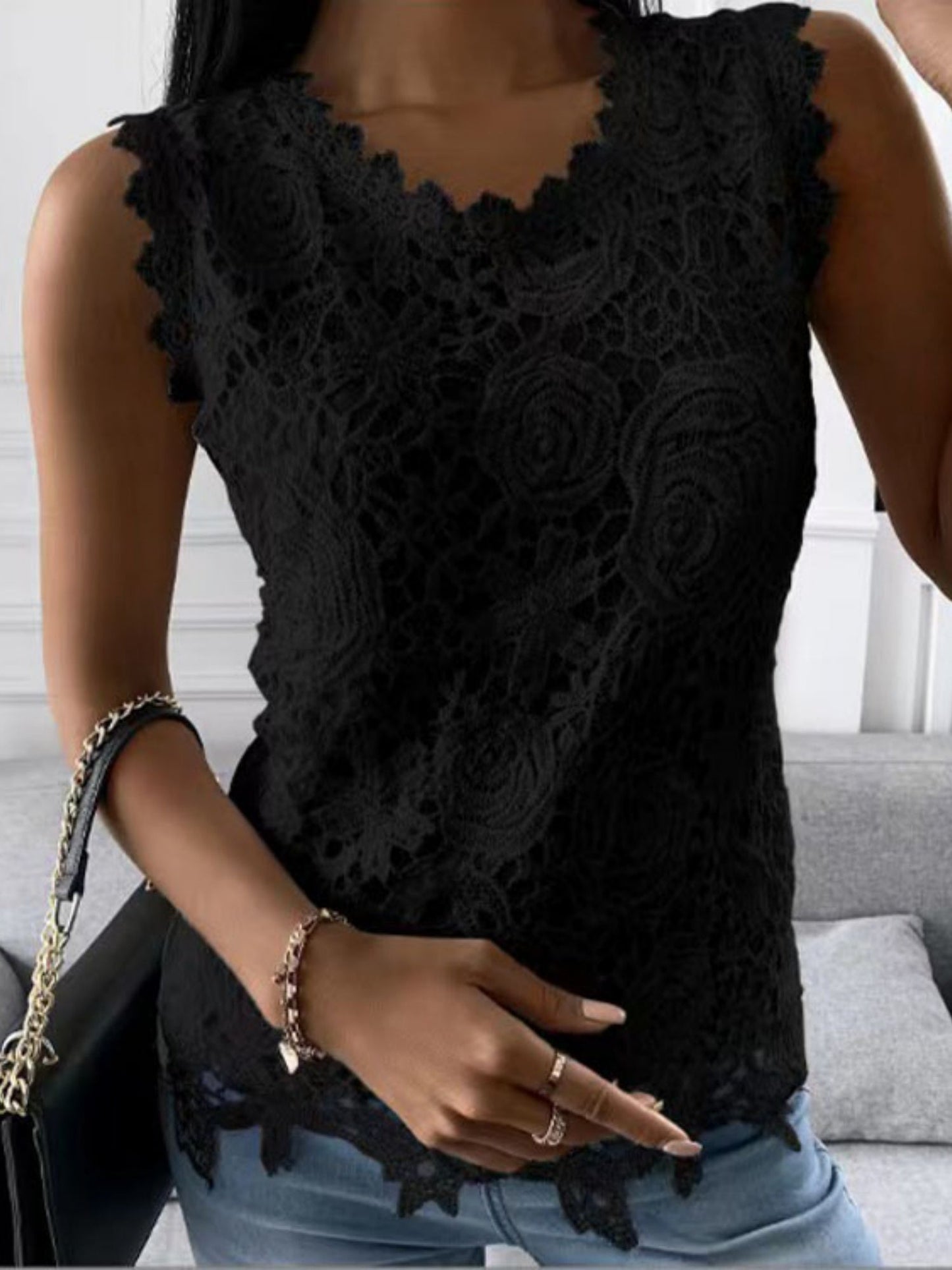 Lace Trim Crew Neck Tank Tops&Camis