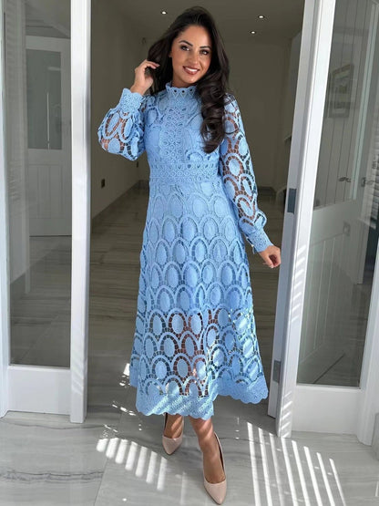 Hollow-out Long-sleeved Stand-up Collar Short Dress With Lace Trim