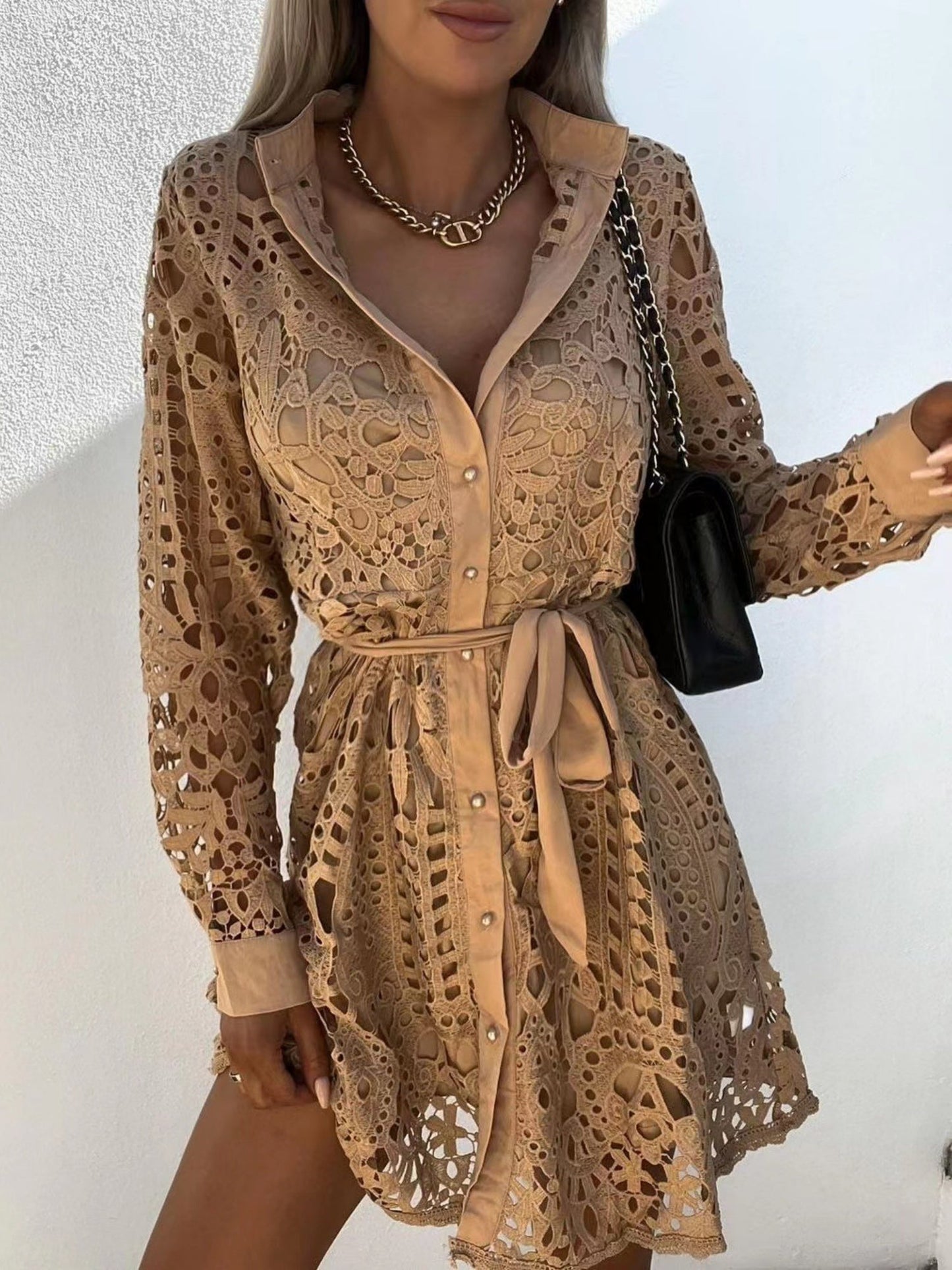 Lace Cutout Lace Up Long Sleeves Mini&Short Dresses