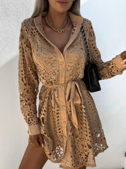 Lace Cutout Lace Up Long Sleeves Mini&Short Dresses