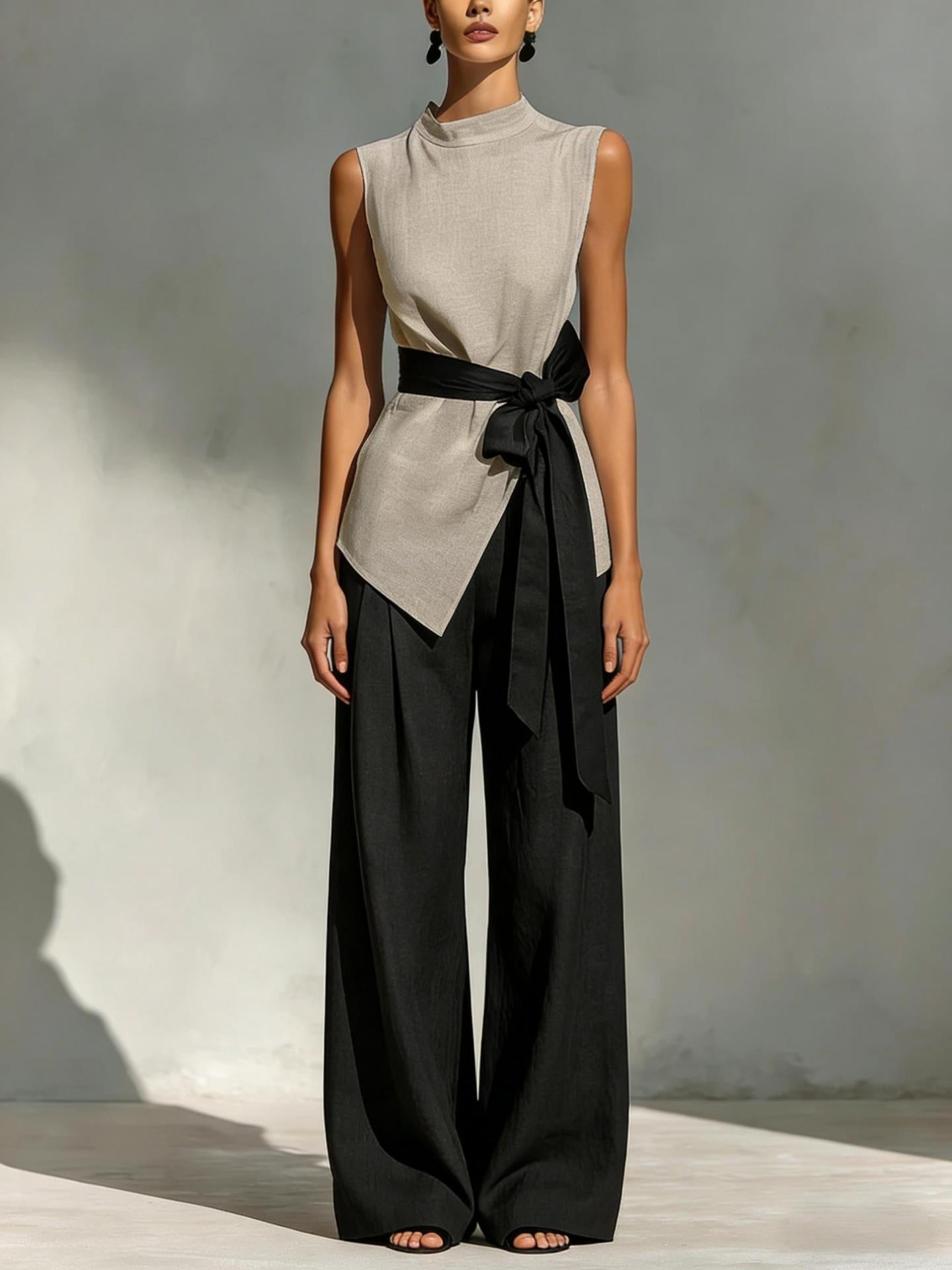 Two-piece Set: Tie-waist Sleeveless Tencel Linen Top And Wide-leg Pants