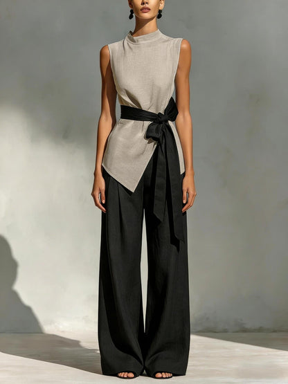 Two-piece Set: Tie-waist Sleeveless Tencel Linen Top And Wide-leg Pants