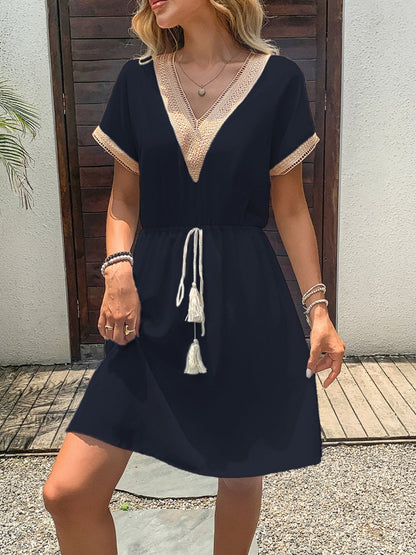 Spliced Waist Corset V-neck Short Sleeve Mini&Short Dresses