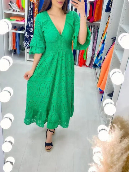 Broderie Anglaise Deep V-Neck Double Ruffle Sleeve Smocked Waist Tiered Midi Dress