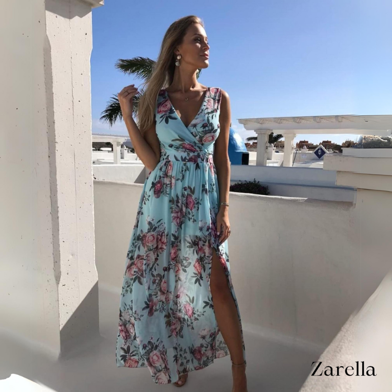 Tropical Floral Print V-Neck Tie-Waist High-Slit Maxi Dress