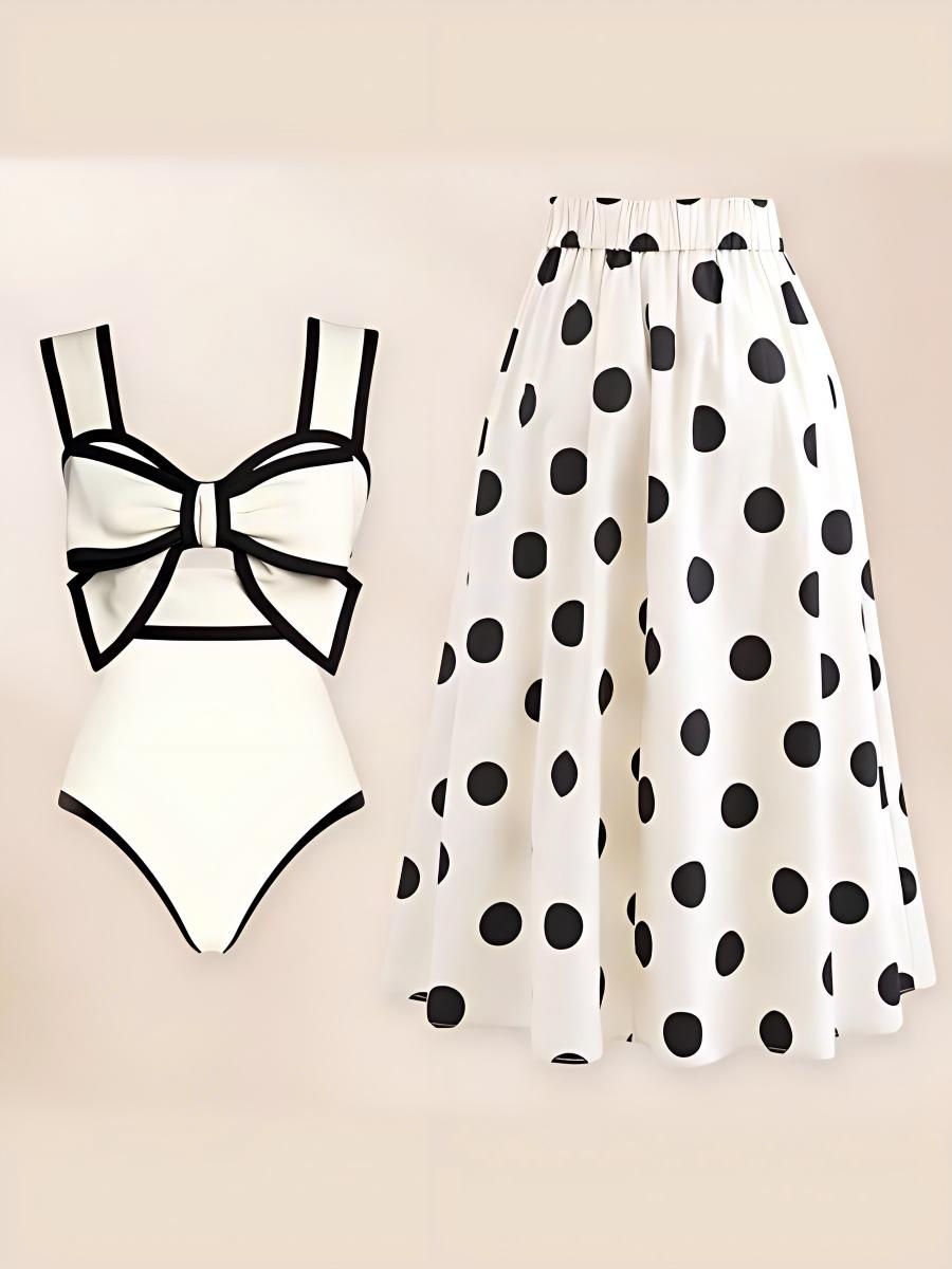 Black And White Color-blocked One-piece Swimsuit With Polka Dot Sun Protection Maxi Dress Two-piece Set