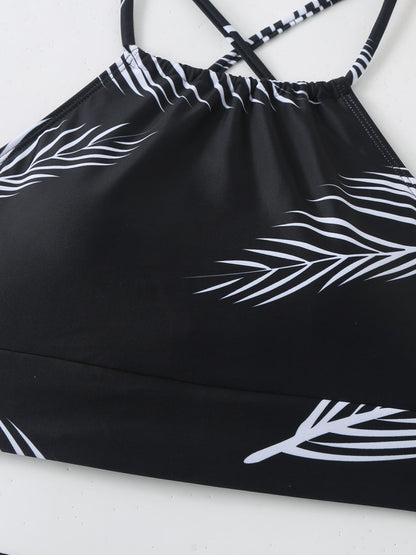 Feather Print Two-Piece Swimsuit With Sun Protection And Skirt (Three-Piece Set)