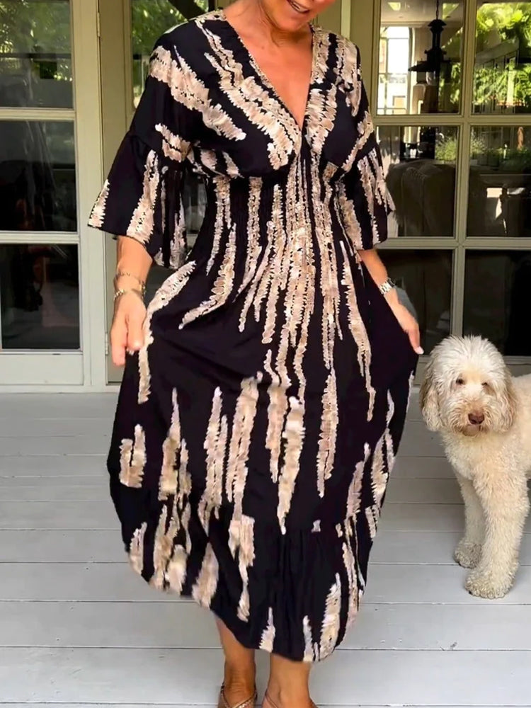 Deep V Neck Smocked Waist Puff Sleeve Abstract Brushstroke Print Tiered Maxi Dress