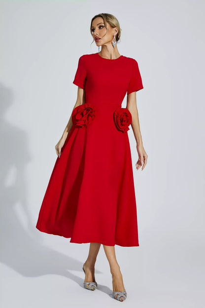 Short Sleeve High Neck A-Line Peplum Side Ruffle Midi Dress