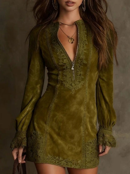 Zipper Lace Trim V-neck Long Sleeve Mini&Short Dresses