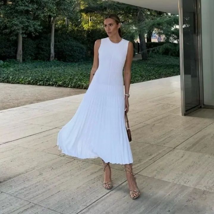 Rib Knit Bodice Accordion Pleated Skirt Sleeveless Maxi Dress