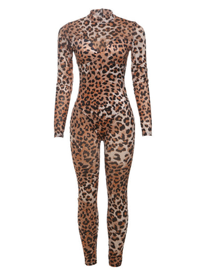 Leopard Print Mesh High-waisted, Slim-fitting, Hip-hugging Jumpsuits&Bodysuits