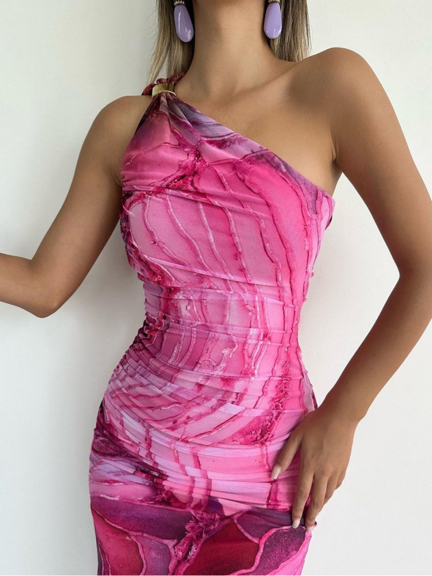 Printed Mesh Sloping Shoulders Maxi Dresses
