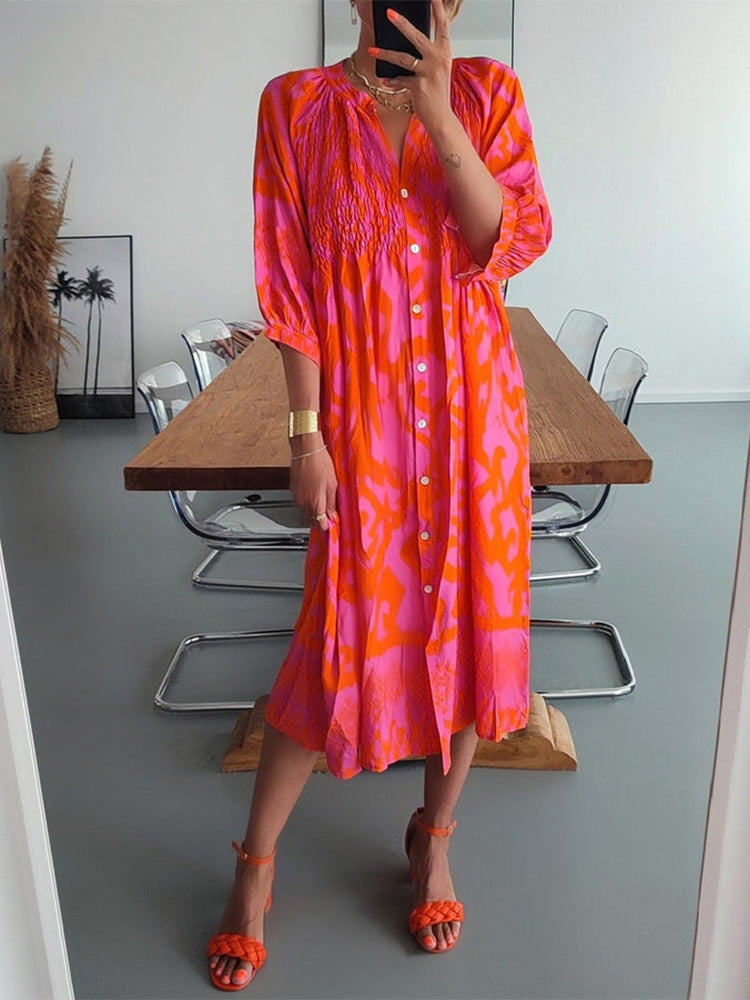 Abstract Print Smocked Bodice Button-Front Three-Quarter Sleeve Midi Shirt Dress