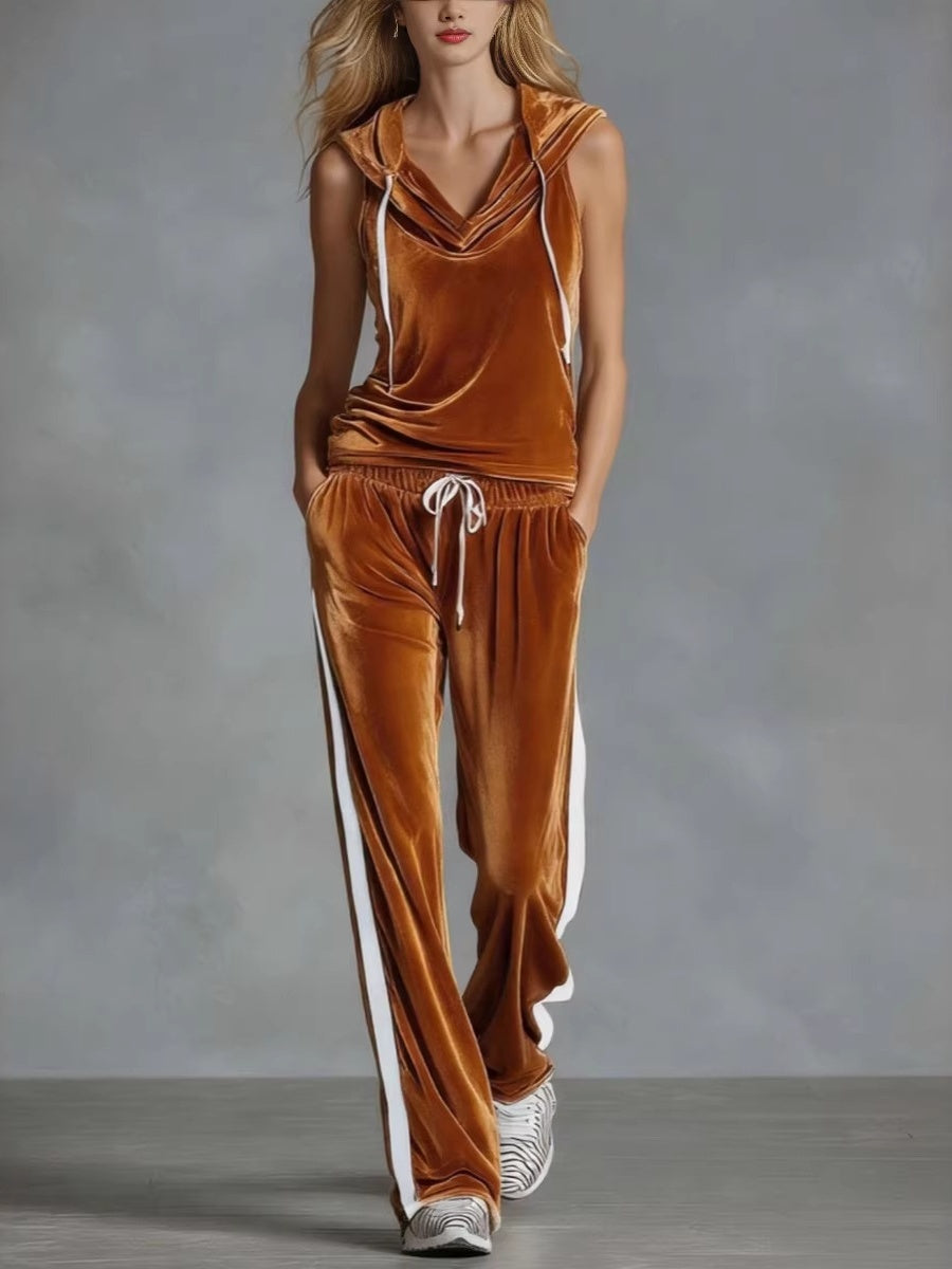Sleeveless Sporty Casual Comfortable Hooded Velvet Two-Piece Set