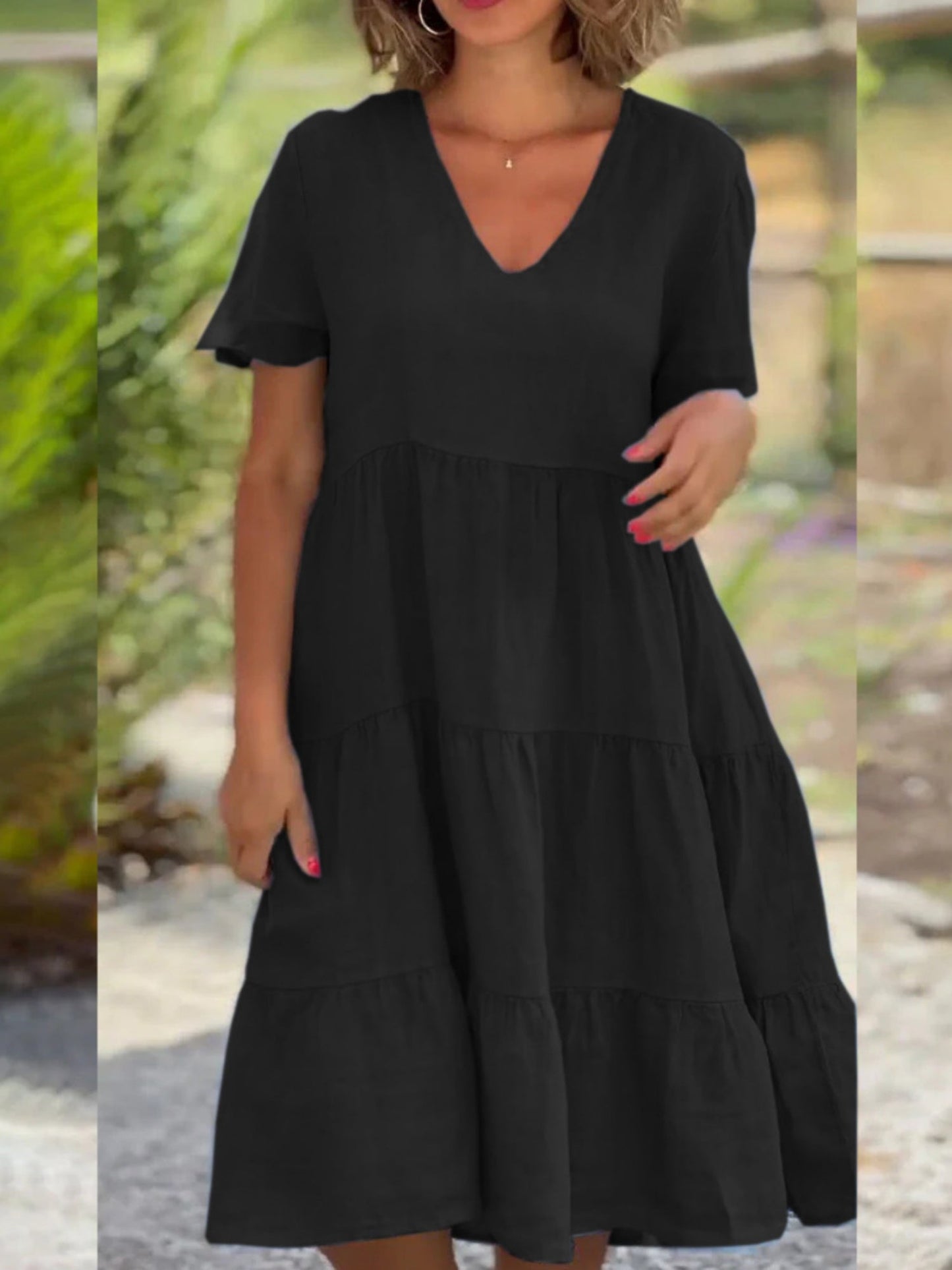 V-neck Large Skirt Short Sleeves Mini&Short Dresses