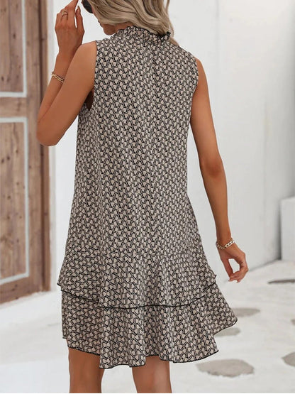 Sleeveless Keyhole Tie Neck Ruffle Tier Geometric Print Mini Dress