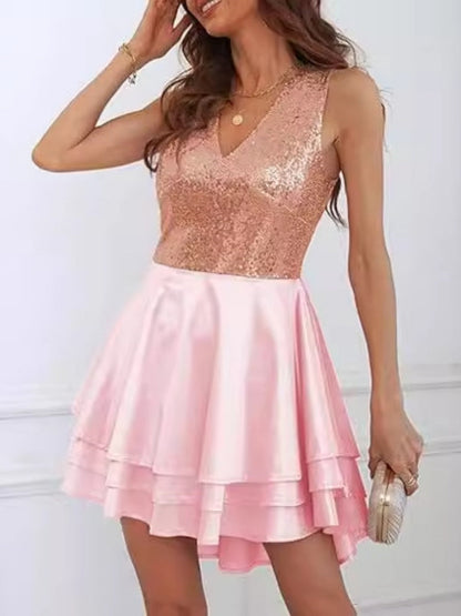 V-neck Sequins Splicing Irregular Hem Banquet Formal Dress Parties Mini&Short Dresses