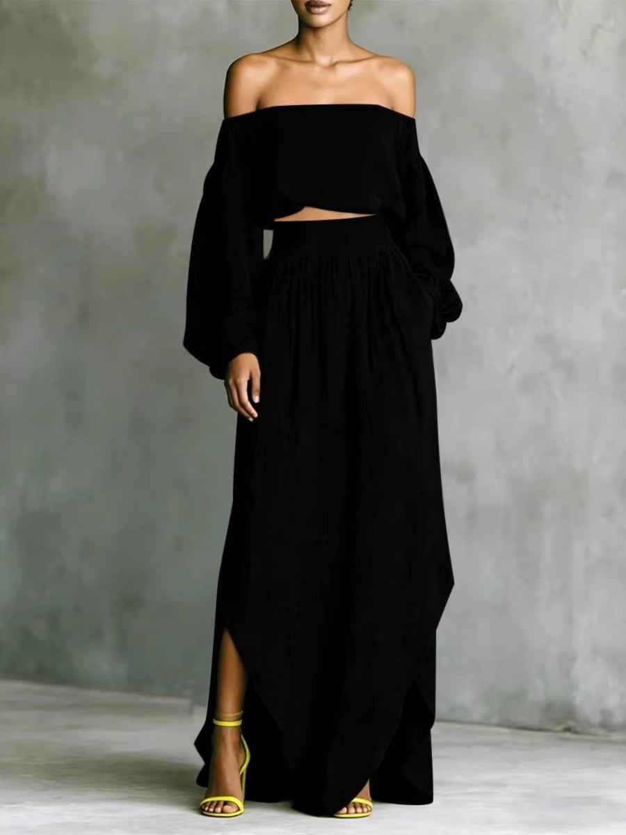 Off Shoulder Cropped Long-sleeved Two-piece Suit